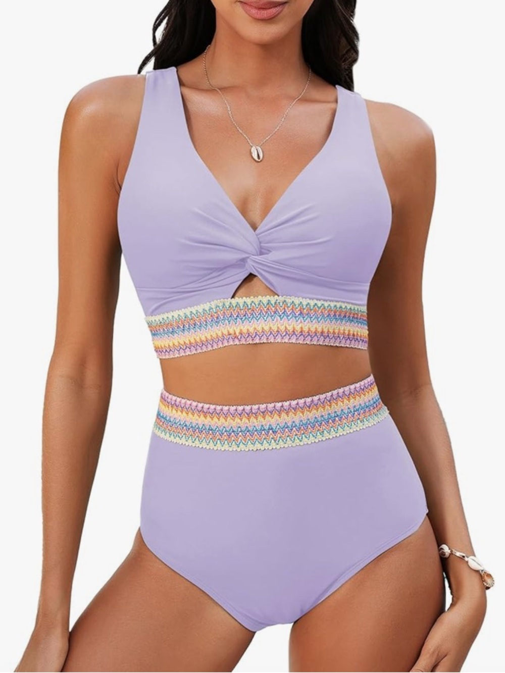Lilac Twist-Front High-Waist Bikini with Rainbow Smocked Trim